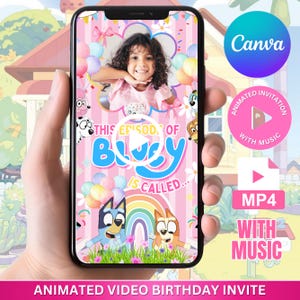 Blauer Hund Einladung Vorlage, Mädchen Bearbeitbare animierte Evite, Geburtstag Digital Video einladen, Bday Party Einladungen, Canva Sofort-Download
