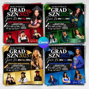 May include: A graduation party invitation with a black background and gold glitter. The text reads "You're invited to Grad SZN 2025 June 25 8PM till 10PM Crestview High School 1234 Maple Street Springfield, IL 62704 USA From tests and stress let's celebrate to caps and success! Together". There are four photos of graduates in their caps and gowns.