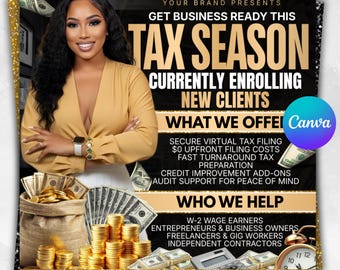 Folleto de servicios de preparación de impuestos, folletos de la temporada de impuestos 2026, folletos para preparadores de impuestos, folletos de servicios de contabilidad, folleto de reparación de crédito. Plantilla de Canva.