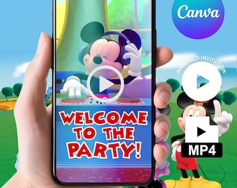 Invitación de Mickey Mouse, Invitación en vídeo de Mickey, Invitación de Mickey Mouse, Invitación para el primer cumpleaños, Invitación para fiesta de Mickey, Plantilla editable de Canva