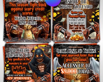 4 Halloween-flyers kredietreparatie, kredietherstelsjablonen, inhoud doe-het-zelfflyer, kredietreparatiemarketing, kredietreparatiebedrijfspost, belasting