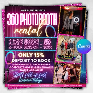 360 Photo Booth Verleih Flyer | DIY Event Fotografie Verleih Party Feier Photobooth Social Media Instagram Bearbeitbare Canva Vorlage