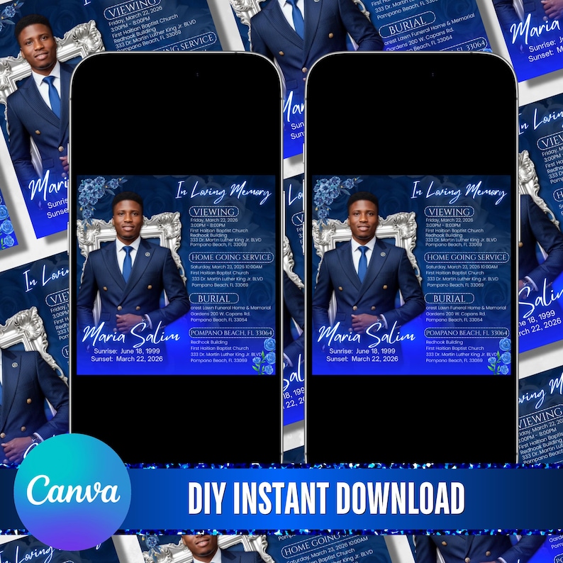 Blue Rose Funeral Announcement Flyer, Memorial Instagram Celebration of Life, Canva Template, Digital Download