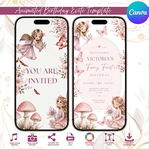 Animated Fairy First Birthday Invitation, Enchanted Garden Girl 1st Birthday Video Invite Editable Template