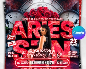 Aries Birthday Flyer, Birthday Flyer Templates, Girl Birthday Party Flyer, Celebration Flyer, Zodiac Birthday Event Flyer Invitation