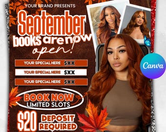 Fall Booking Flyer: Wig Install, Lash & Nail Services (Canva Editable Template)