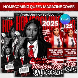 May include: Magazine cover design for a Homecoming Queen campaign. The design features a black and white photo of a woman in a suit and red tie, with the text "Vote for HOCO Queen 2025 Madison Cole Queen."