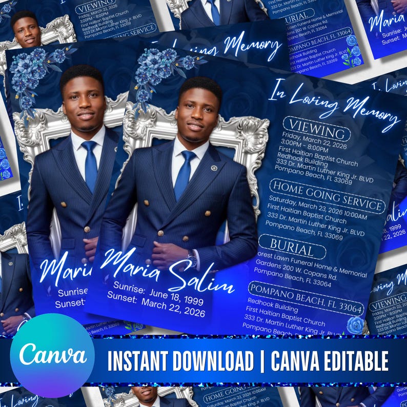 Blue Rose Funeral Announcement Flyer, Memorial Instagram Celebration of Life, Canva Template, Digital Download