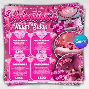 May include: A pink Valentine's Day room setup advertisement. The graphic features four packages with different romantic themes, including balloon decor, rose petals, and lighting. The text includes "Valentine's Room Setup" and pricing.