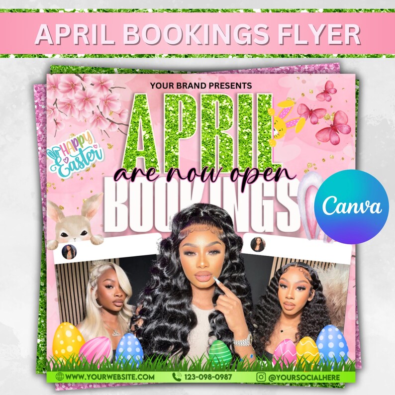 April Booking Flyer DIY Template, Customizable April Flyer, DIY Canva Template for Makeup, Hair, Lashes, Nails, Easter Booking Flyer,Spring