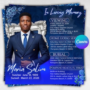 May include: A memorial announcement with a portrait of Maria Salim, featuring a blue and white floral design. The text includes dates, times, and locations for viewing, home-going service, and burial.