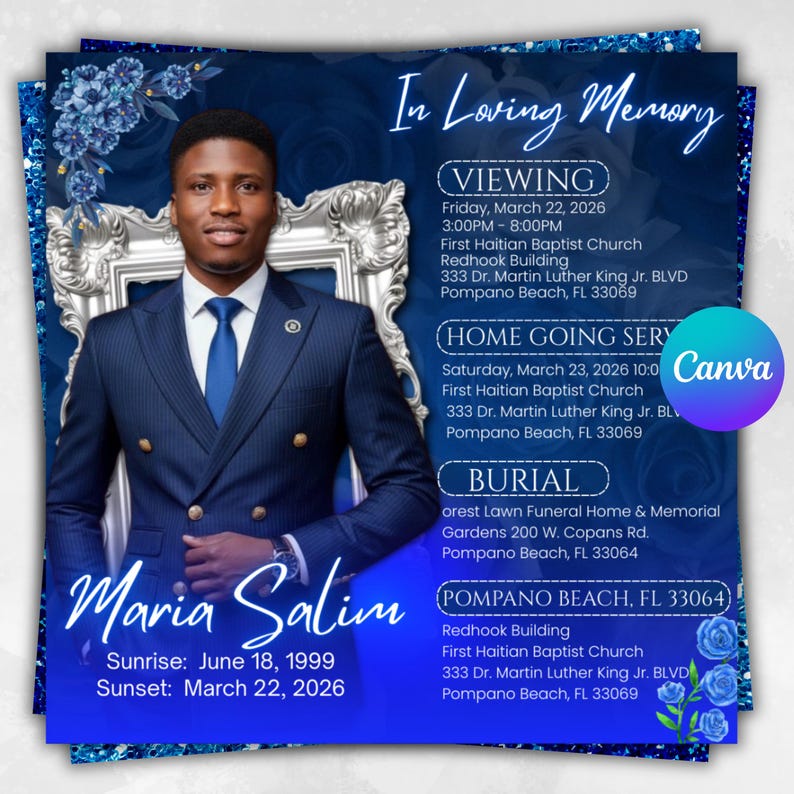 Blue Rose Funeral Announcement Flyer, Memorial Instagram Celebration of Life, Canva Template, Digital Download