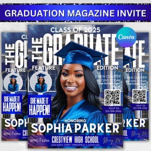 Magazine Cover Graduation Invite, DIY Flyer Template Design, Graduation Event, Class of 2025 Graduates, Premade Graduation Celebration Flyer