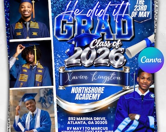 Folleto de graduación 2026 azul Invitación de graduación Plantilla Canva Folleto de fiesta de graduación de secundaria y universidad Invitación de graduación de fraternidad