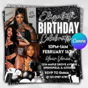 May include: Black and white birthday party invitation with a glittery background. The invitation features a photo collage of three women, text that says "Elizabeth Birthday Celebration", and details about the party, including the date, time, location, and RSVP information.