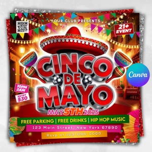 Cinco De Mayo Flyer, Club Flyer Template para Canva, Diy Event Flyer, Party Flyer, Mexican Party Flyer, Diy Cinco De Mayo, Canva Template