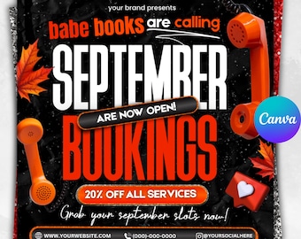 September booking flyer, September flyer, Fall Season Booking Flyer, Fall Szn Sale, Wig Install, Lash Nail Braids Flyer, Canva Editable