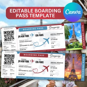 May include: Editable boarding pass template with a blue and red design. The template features a plane flying over a heart, a QR code, and the text "From JFK-New York to CDG-Paris". The text "Surprise" is also included with the message "Happy Anniversary".