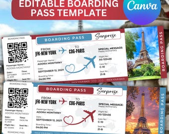 Printable Boarding Pass Airline Ticket Gift Surprise Trip Reveal Surprise Vacation Instant Download Editable Ticket Gift For Him For Her