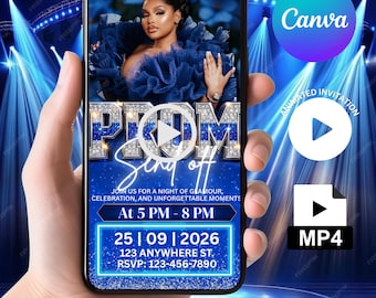 Invitación para fiesta de graduación, invitación digital azul para despedida de graduación, invitación animada para chicos de Evite, plantilla con foto y video para graduación, tarjeta electrónica editable
