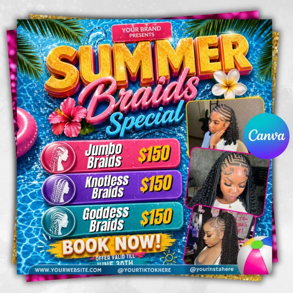 Summer Braid Sale Flyer, Summer Sale Flyer, Braid Prices Flyer, Braids Sale Flyer, Hair Flyer, Lashes Flyer, Braids Special Flyer Template