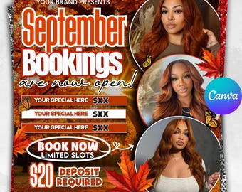 Fall Season Booking Flyer: Wig Install, Lash & Nail Services (Canva Editable Template)
