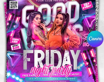 Good Vibes Friday Night Party-flyer, sjablonen voor nachtclubflyers, DJ- of muziekclubevenementen voor sociale media, happy hour-flyer, bewerkbaar canva