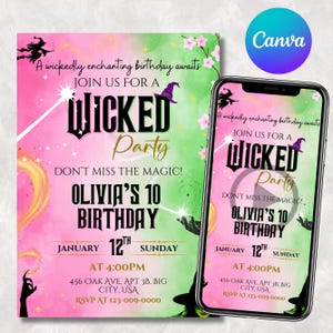 Wicked Geburtstagsfeier-Einladung, Wicked Party-Einladung, WICKED inspirierte Kinokarte, Elphaba & Glinda Theme, Filmparty, Canva Editable