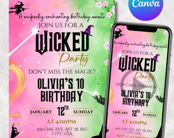 Wicked Birthday Party Invitation, Wicked party invitation, WICKED inspired Movie ticket, Elphaba & Glinda Theme, Movie party, Canva Editable