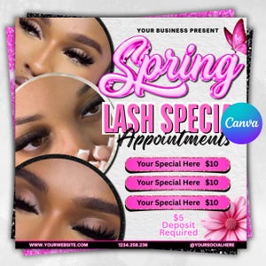 May include: A promotional flyer for lash specials. The design features close-up images of eyes with long eyelashes, set against a white and pink background. Text includes "Spring Lash Specials" and contact information.