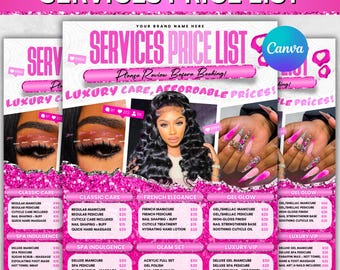 Modello di listino prezzi per salone di bellezza: parrucca, trecce, ciglia, unghie (modificabile con Canva, 8,5x11 pollici)