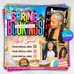 Frühlings-Buchungs-Flyer, Frühlings-Buchungs-Flyer, Frühlings-Sverkaufs-Flyer, Frühlings-Sonderflieger, Wimpern-Nagel-Make-up-Zöpfe, Canva Bearbeitbar