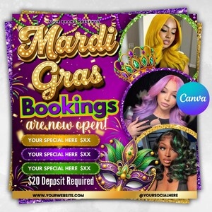 May include: A purple and gold Mardi Gras-themed promotional flyer. The text "Mardi Gras Bookings are now open!" is displayed in gold and green. The flyer includes images of women with colorful hair, a crown, and a decorative mask. The flyer also includes the text "Your Special Here" and "$20 Deposit Required".