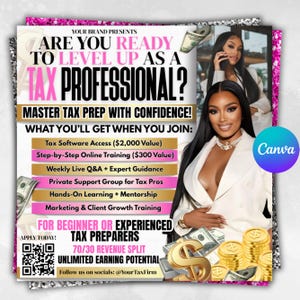 Puede incluir: Gráfico promocional con el texto «¿ESTÁS LISTO PARA SUBIR DE NIVEL COMO PROFESIONAL DE IMPUESTOS?» y una foto de una mujer. El gráfico enumera beneficios que incluyen acceso a software de impuestos, capacitación en línea y orientación experta. Se dirige a preparadores de impuestos principiantes y experimentados.