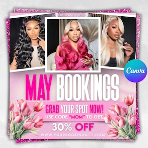 May Booking Flyer, Spring Booking Flyer, Mothers Day Booking Flyer, Book Now Appointments, Beauty, Lashes, Make up, Nails, Canva Editable