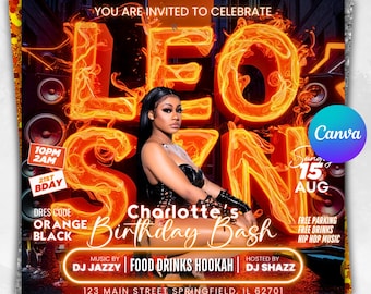 Leo Season Birthday Flyer, Leo Birthday Flyer, Birthday Girl Flyer, Birthday Event Celebration Flyer, Birthday Party Invite Canva Template