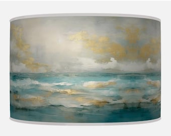 Handmade Seascape Lampshade: Coastal Blue Beige Drum Pendant Light