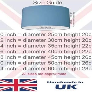 May include: A light blue lampshade with a white interior. The image includes a size guide with diameter and height measurements in inches and centimetres, ranging from 10 inches (25cm) to 24 inches (60cm). The text also states "Handmade in UK".