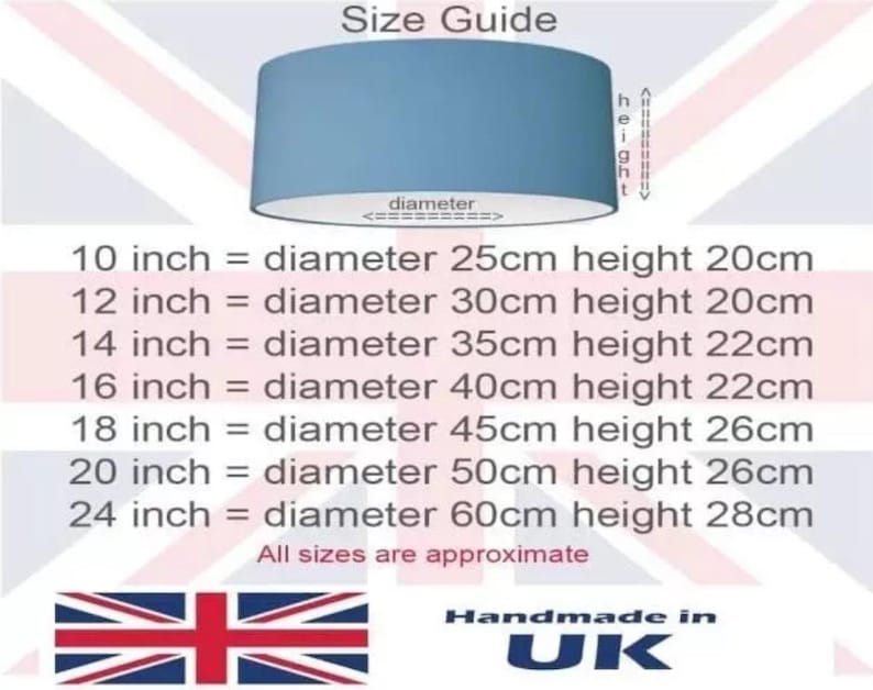 May include: A light blue lampshade with a white interior. The image includes a size guide with diameter and height measurements in inches and centimetres, ranging from 10 inches (25cm) to 24 inches (60cm). The text also states "Handmade in UK".