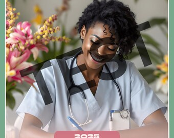 Puede incluir: Una mujer con un uniforme médico azul claro sonríe y escribe en un cuaderno. El cuaderno está sobre una superficie rosa con un vaso de té y un rectángulo rosa con el texto "2025" en él. El texto "Nursing Self-Care The Ultimate Planner and Journal" está debajo del rectángulo.