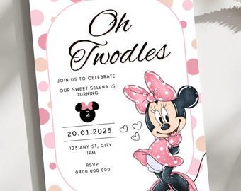 May include: A pink and white invitation with polka dots and a cartoon image of Minnie Mouse. The text reads "Oh Twodles Join us to celebrate our sweet Selena is turning 2 20.01.2025 123 Any St, City 1PM RSVP 0400 000 000"