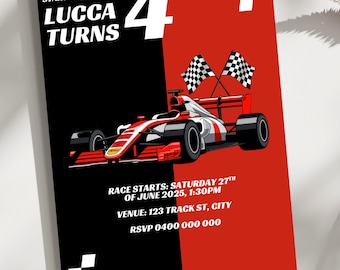 May include: A racing-themed invitation with a red and black color scheme. The design features a race car illustration, checkered flags, and the text "Lucca Turns 4". Additional text includes race details: date, time, venue, and RSVP information.