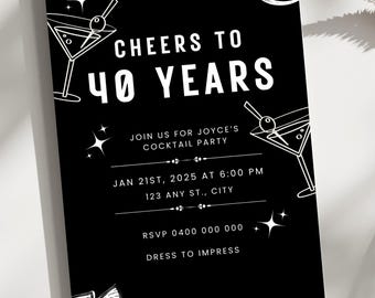 Cocktail party, Cheers to 40 years, editable birthday invitation