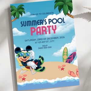 May include: A blue and pink invitation with a cartoon image of Mickey Mouse wearing sunglasses and relaxing on a beach chair. The text on the invitation reads "Join us to celebrate Summer's Pool Party" and includes the date, time, and location of the party.