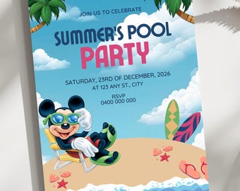 Mickey Mouse Summer Pool Party Themed Editable kids birthday invitation