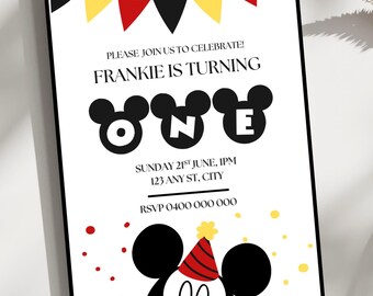 Mickey mouse themed first birthday editable kids invitation