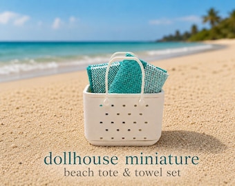 Dollhouse Miniature Beach Tote & Towel Set, Miniature Beach Bag, 1:12 Scale