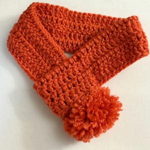 May include: An orange crochet scarf with a matching pom-pom. The scarf is made of a thick, textured yarn and is folded in a figure-eight shape. The pom-pom is attached at the end of the scarf. The scarf is a warm, cozy accessory.