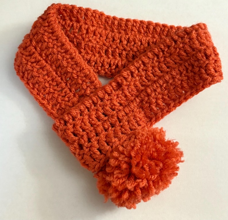 May include: An orange crochet scarf with a matching pom-pom. The scarf is made of a thick, textured yarn and is folded in a figure-eight shape. The pom-pom is attached at the end of the scarf. The scarf is a warm, cozy accessory.