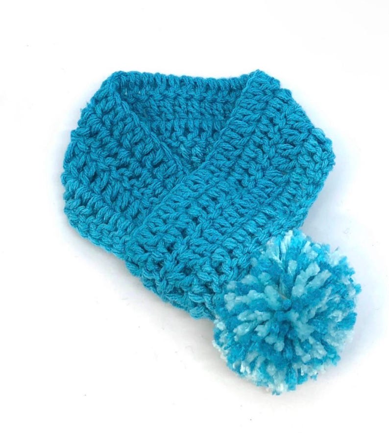 Crocheted Pet Scarf with Pom Pom, Adjustable Dog Neck Warmer Teal Blue
